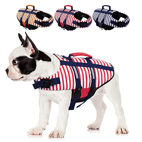 MORVIGIVE Striped Dog Life Jacket, Ripstop Dog Life Vest Preserver for Boating & Swimming with Rescue Handle, Reflective Puppy Float Coat Pet Swimsuit with Adjustable Straps and Side-Release Buckles