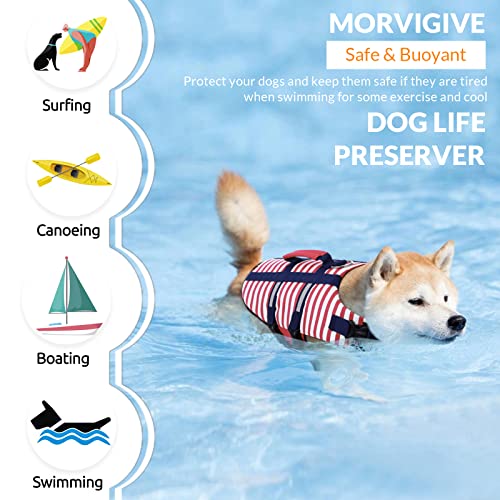 MORVIGIVE Striped Dog Life Jacket, Ripstop Dog Life Vest Preserver for Boating & Swimming with Rescue Handle, Reflective Puppy Float Coat Pet Swimsuit with Adjustable Straps and Side-Release Buckles