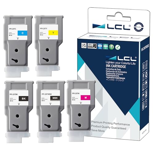 LCL Compatible Ink Cartridge Replacement for Canon PFI207 PFI-207 PFI-207MBK PFI-207BK PFI-207C PFI-207M PFI-207Y 300ML 8789B001 8788B0011 8790B001 8791B001 8792B001 (5-Pack KCMYMBK)