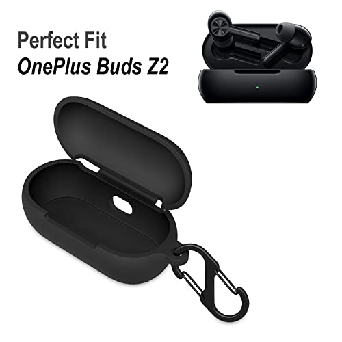 Geiomoo Silicone Carrying Case Compatible with OnePlus Buds Z2, Portable Scratch Shock Resistant Cover with Carabiner (Black)