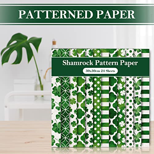 Whaline 12 Designs St. Patrick's Day Pattern Paper Pack 24 Sheet Green Shamrock Stripe Clover Dot Scrapbook Paper Double-Sided Decorative Craft Paper Folded Flat for Card Making Scrapbook, 30 x 30cm