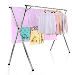 toribio clothes drying rack, 79 inch laundry drying rack foldable, space saving heavy duty stainless steel clothing drying rack with windproof hooks for indoor outdoor
