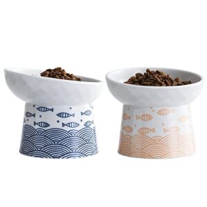tamaykim tilted ceramic elevated cat bowls, food and water raised bowl set for kitty cats and small dogs, porcelain elevated stress free feeding pet bowl dish, set of 2