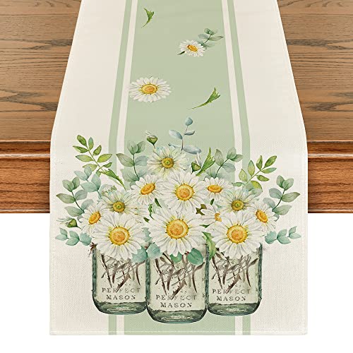 Artoid Mode Eucalyptus Leaves Daisy Vase Table Runner, Spring Easter Summer Seasonal Holiday Kitchen Dining Table Decoration for Indoor Outdoor Home Party Decor 13 x 72 Inch