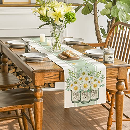 Artoid Mode Eucalyptus Leaves Daisy Vase Table Runner, Spring Easter Summer Seasonal Holiday Kitchen Dining Table Decoration for Indoor Outdoor Home Party Decor 13 x 72 Inch