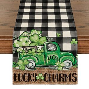 artoid mode buffalo plaid truck shamrock lucky st. patrick's day table runner, spring holiday kitchen dining table decoration for home party decor 13 x 72 inch