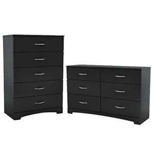 home square 2 piece modern bedroom furniture set - 6 drawer bedroom dresser / 5 tall chest of drawers for bedroom/black