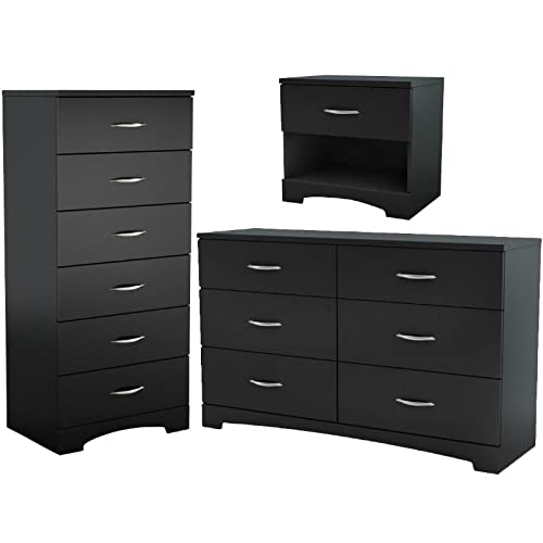 Home Square 3 Piece Modern Bedroom Furniture Set - 6 Drawer Black Dresser for Bedroom / 6 Tall Black Chest of Drawers for Bedroom/Black Nightstand with Drawer and Shelf