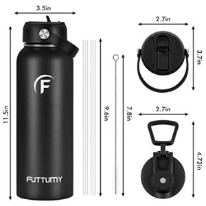 Futtumy Stainless Steel Water Bottle with Straw, 40oz Water Bottle with Spout Lid and Straw Lid, Double Wall Vacuum Insulated Water Bottle, Thermal Bottle for Sports, Travel, School, Gym (Black)