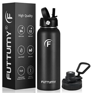 futtumy stainless steel water bottle with straw, 40oz water bottle with spout lid and straw lid, double wall vacuum insulated water bottle, thermal bottle for sports, travel, school, gym (black)