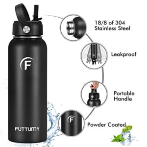 Futtumy Stainless Steel Water Bottle with Straw, 40oz Water Bottle with Spout Lid and Straw Lid, Double Wall Vacuum Insulated Water Bottle, Thermal Bottle for Sports, Travel, School, Gym (Black)