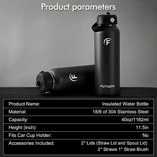 Futtumy Stainless Steel Water Bottle with Straw, 40oz Water Bottle with Spout Lid and Straw Lid, Double Wall Vacuum Insulated Water Bottle, Thermal Bottle for Sports, Travel, School, Gym (Black)