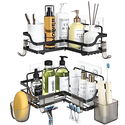 ENIBOE Corner Shower Caddy with 6 Hooks, Self Adhesive Shower Shelves, No Drill Wall Mount Rustproof Shower Organizer, Shower Storage for inside Shower, Large Capacity Shower Rack, 2 Pack (Black)