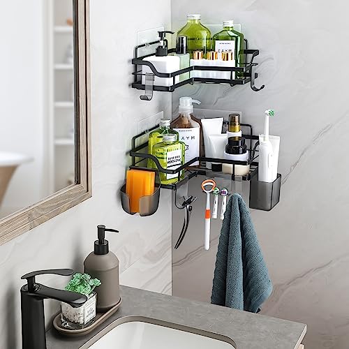 ENIBOE Corner Shower Caddy with 6 Hooks, Self Adhesive Shower Shelves, No Drill Wall Mount Rustproof Shower Organizer, Shower Storage for inside Shower, Large Capacity Shower Rack, 2 Pack (Black)