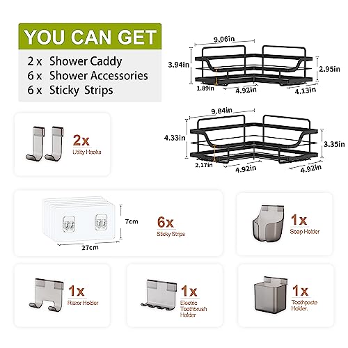 ENIBOE Corner Shower Caddy with 6 Hooks, Self Adhesive Shower Shelves, No Drill Wall Mount Rustproof Shower Organizer, Shower Storage for inside Shower, Large Capacity Shower Rack, 2 Pack (Black)