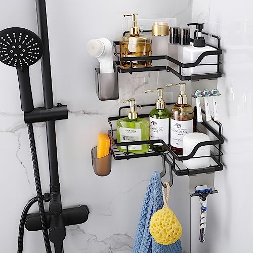 ENIBOE Corner Shower Caddy with 6 Hooks, Self Adhesive Shower Shelves, No Drill Wall Mount Rustproof Shower Organizer, Shower Storage for inside Shower, Large Capacity Shower Rack, 2 Pack (Black)