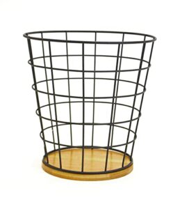 aq round metal trash can, small open top waste bin for office, bedroom or bathroom, wire & wood design - matte black & bamboo