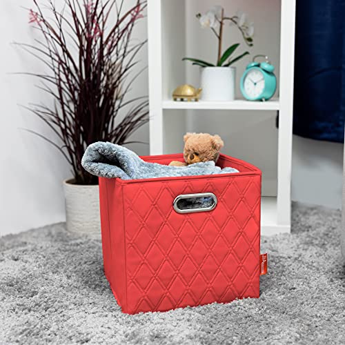 JIAessentials Large 13-inch Red Foldable Diamond Patterned Faux Leather Storage Cube Bins Set of Four with Handles with Dual Handles for living room, bedroom and office storage Red Large Size Large Size Collapsible Diamond Patterned Storage Cubes with Han