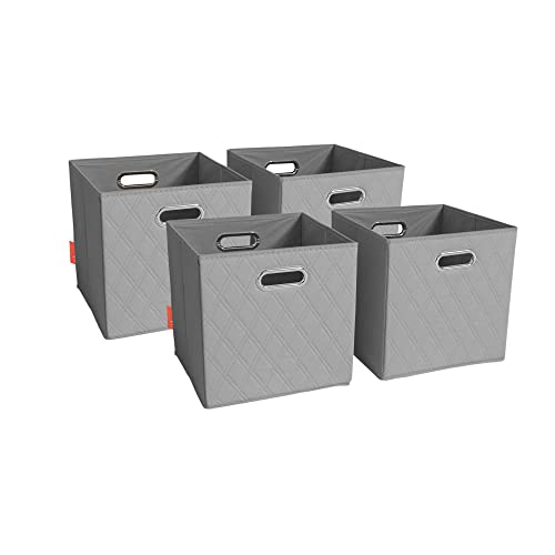 JIAessentials Large 13-inch Gray Foldable Diamond Patterned Faux Leather Storage Cube Bins Set of Four with Handles with Dual Handles for living room, bedroom and office storage