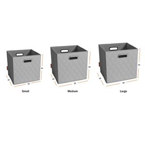 JIAessentials Large 13-inch Gray Foldable Diamond Patterned Faux Leather Storage Cube Bins Set of Four with Handles with Dual Handles for living room, bedroom and office storage