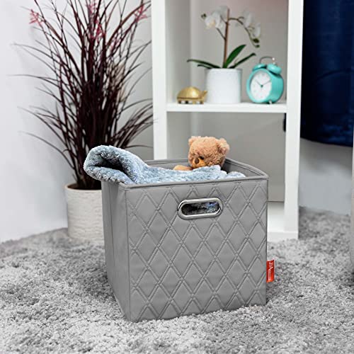 JIAessentials Large 13-inch Gray Foldable Diamond Patterned Faux Leather Storage Cube Bins Set of Four with Handles with Dual Handles for living room, bedroom and office storage