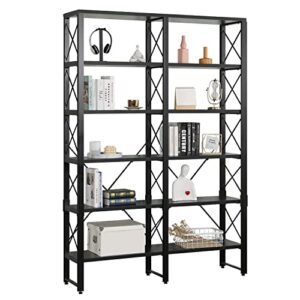 mellcom double wide 6-tier bookshelf, industrial open large bookcase, wood and metal tall bookshelves for living room bedroom office, black
