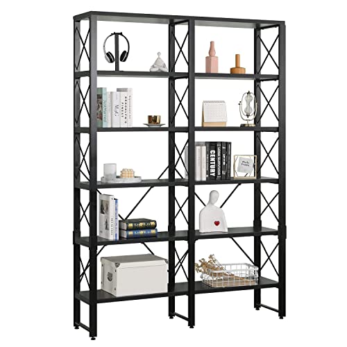 MELLCOM Double Wide 6-Tier Bookshelf, Industrial Open Large Bookcase, Wood and Metal Tall Bookshelves for Living Room Bedroom Office, Black