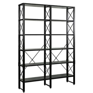 MELLCOM Double Wide 6-Tier Bookshelf, Industrial Open Large Bookcase, Wood and Metal Tall Bookshelves for Living Room Bedroom Office, Black