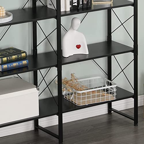 MELLCOM Double Wide 6-Tier Bookshelf, Industrial Open Large Bookcase, Wood and Metal Tall Bookshelves for Living Room Bedroom Office, Black