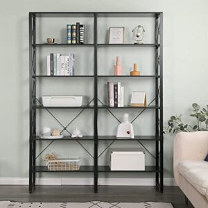 MELLCOM Double Wide 6-Tier Bookshelf, Industrial Open Large Bookcase, Wood and Metal Tall Bookshelves for Living Room Bedroom Office, Black