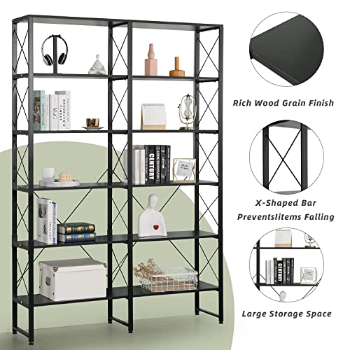 MELLCOM Double Wide 6-Tier Bookshelf, Industrial Open Large Bookcase, Wood and Metal Tall Bookshelves for Living Room Bedroom Office, Black