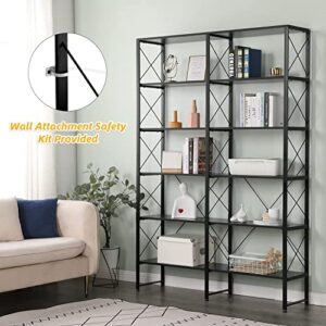 MELLCOM Double Wide 6-Tier Bookshelf, Industrial Open Large Bookcase, Wood and Metal Tall Bookshelves for Living Room Bedroom Office, Black