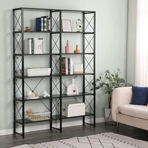 MELLCOM Double Wide 6-Tier Bookshelf, Industrial Open Large Bookcase, Wood and Metal Tall Bookshelves for Living Room Bedroom Office, Black