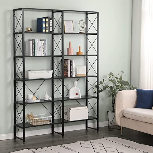 MELLCOM Double Wide 6-Tier Bookshelf, Industrial Open Large Bookcase, Wood and Metal Tall Bookshelves for Living Room Bedroom Office, Black