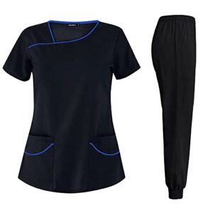 niaahinn scrubs sets for women nurse scrub uniform top & jogger pant clothes stretchy short sleeved suit slanted v-neck design (black,l,large)