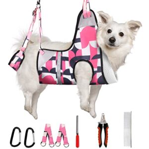 supet dog grooming hammock harness for small medium large dog, relaxation pet grooming hammock for cats & dogs adjustable restraint dog hammock for nail trim clip dog grooming helper with free tools