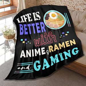 ramen noodle blanket throw,life is better with gaming ramen anime gifts for kids boys men soft lightweight plush fleece quilt 80 in x 60 in large for adults