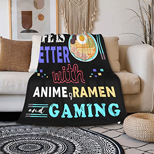 Ramen Noodle Blanket Throw,Life is Better with Gaming Ramen Anime Gifts for Kids Boys Men Soft Lightweight Plush Fleece Quilt 80 in x 60 in Large for Adults