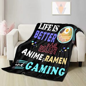 Ramen Noodle Blanket Throw,Life is Better with Gaming Ramen Anime Gifts for Kids Boys Men Soft Lightweight Plush Fleece Quilt 80 in x 60 in Large for Adults