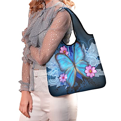 Jeiento Blue Butterfly Reusable Grocery Bags Foldable Washable Large Storage Bins Basket Water Resistant Shopping Tote Bag