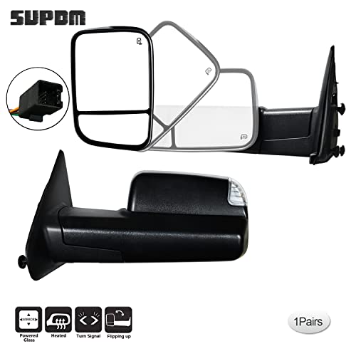 SUPDM Pair Towing Mirrors fit 02-08 for Dodge Ram 1500 03-09 for Dodge Ram 2500 3500 with Turn Signal Light Power Heated Black Housing Set Left+Right