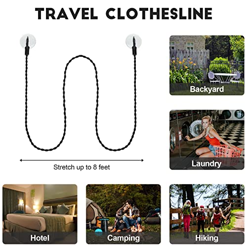 2 Pieces Travel Clothesline Portable Retractable Clothesline with Hooks and Suction Cups Camping Accessories Cruise Essentials for Outdoor and Indoor Use (Black)