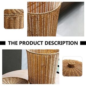 DOITOOL 1Pcs Round Rattan Waste Basket Bin, Handwoven Rattan Storage Baskets with Lid, Rattan Hamper Books Newspaper Decorative Can for Bedroom Desktop Coffee