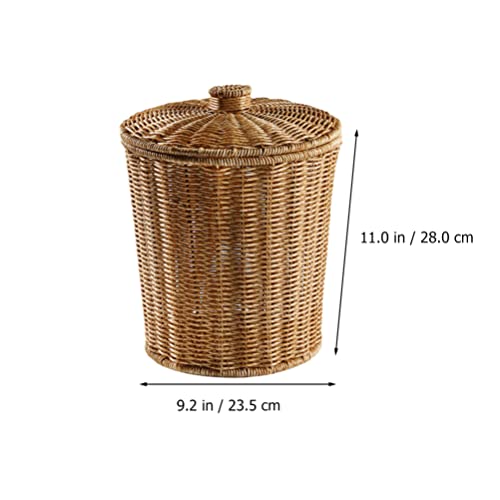 DOITOOL 1Pcs Round Rattan Waste Basket Bin, Handwoven Rattan Storage Baskets with Lid, Rattan Hamper Books Newspaper Decorative Can for Bedroom Desktop Coffee