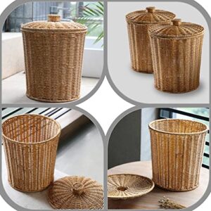 DOITOOL 1Pcs Round Rattan Waste Basket Bin, Handwoven Rattan Storage Baskets with Lid, Rattan Hamper Books Newspaper Decorative Can for Bedroom Desktop Coffee