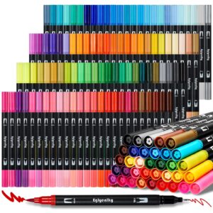 eglyenlky colored markers for adult coloring books dual tip brush pens with 100 watercolor fine tip markers (0.4mm) and brush pens (1-2mm) for kids, lettering drawing calligraphy painting