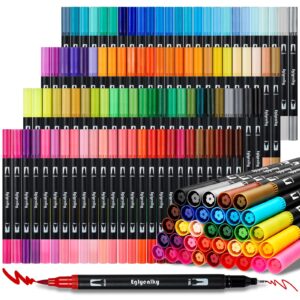 Eglyenlky Colored Markers for Adult Coloring Books Dual Tip Brush Pens with 100 Watercolor Fine Tip Markers (0.4mm) and Brush pens (1-2mm) for Kids, Lettering Drawing Calligraphy Painting