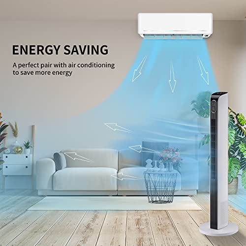 CUUD Oscillating Tower Fan Powerful Cooling Fan with Remote Control Electric Portable Standing Bladeless Floor Fan with 3 Wind Speeds,Timer, LED Display for Bedroom Kitchen Office (42inch, White)