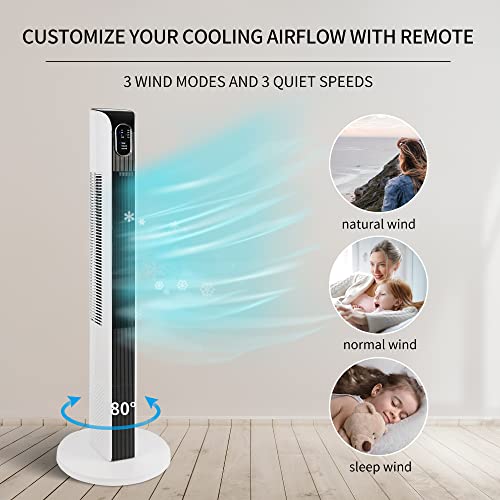 CUUD Oscillating Tower Fan Powerful Cooling Fan with Remote Control Electric Portable Standing Bladeless Floor Fan with 3 Wind Speeds,Timer, LED Display for Bedroom Kitchen Office (42inch, White)