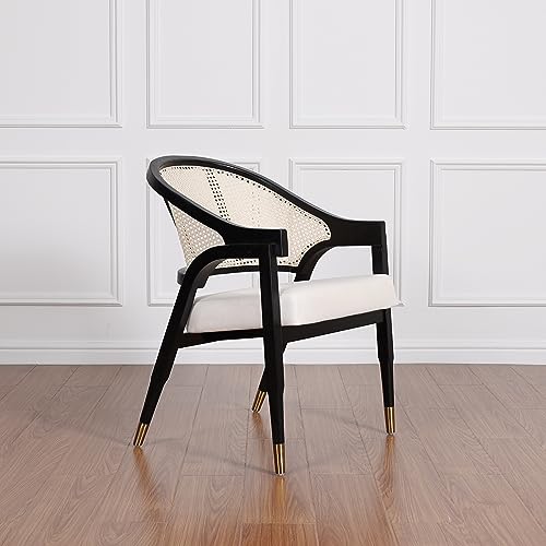 MAVA Home Armchair Living and Dining Room Modern Furniture Jasper Solid Wood Handmade Cane, Rattan Back Designer Chair (Black), Assembled